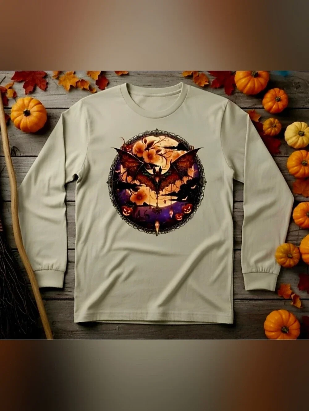 Gothic Bat Moon Floral Halloween Long Sleeve Tee | Witchy Fall Shirt